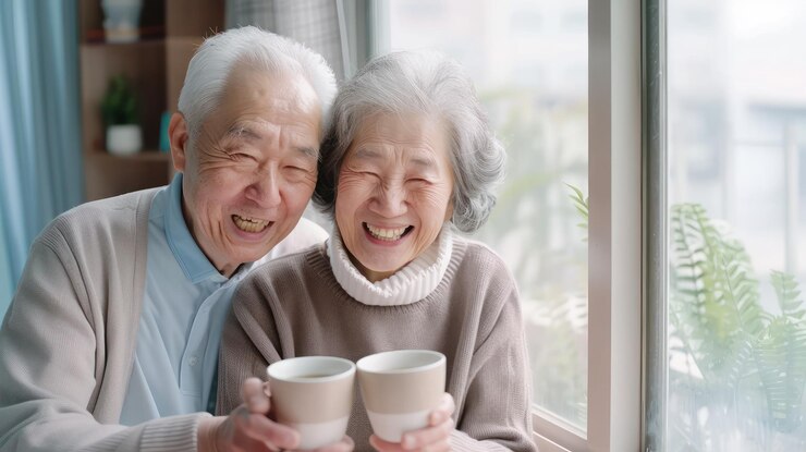 Photo 幸せ な 高齢 の 夫婦 が 窓 の 隣 で お茶 を 楽しん で いる とき,居心地 の 良い 家庭 の 環境 で 抱きしめ合っ て いる
