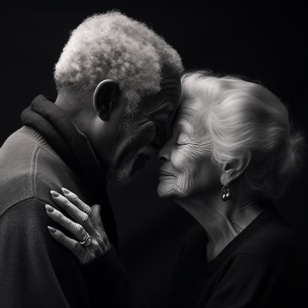 사진 사랑에 빠진 행복한 노인 커플이 키스하는 것은 성숙하고 오래 지속되는 사랑의 개념입니다.