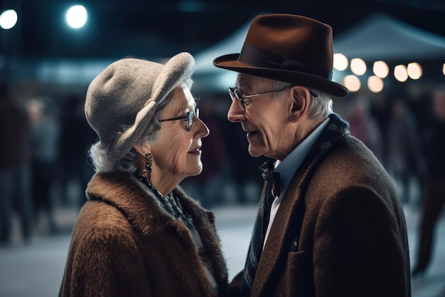 Foto una coppia di anziani felici che si guardano l'un l'altro in una strada invernale concetto se la felicità in vecchiaia