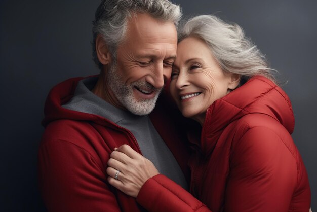 Happy elderly couple in red jackets