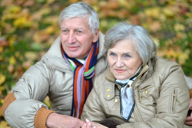 Happy elderly couple sitting in autumn nature