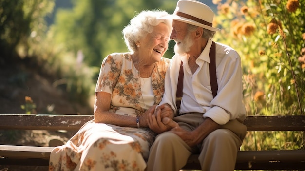 Happy elderly couple sitting on a bench in the park