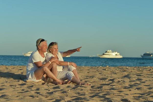 Happy elderly couple sitting on tropical beach