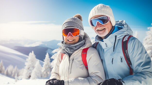 Photo happy elderly couple skiing mountain winter snowy landscape action shot