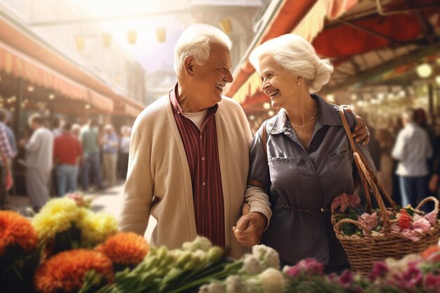 Happy elderly couple strolling hand in hand Generative ai