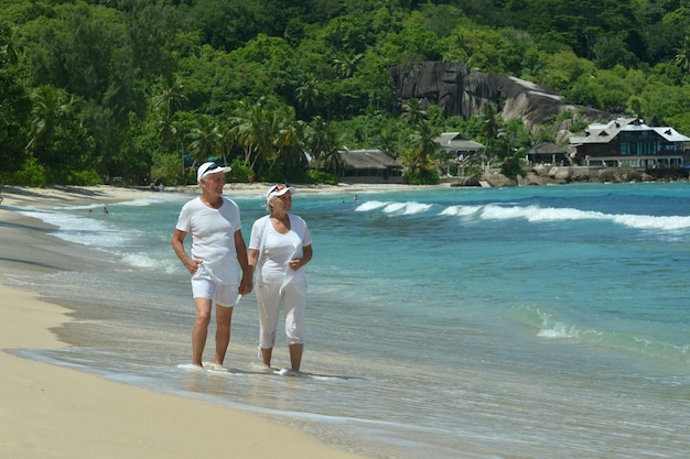 Happy elderly couple walking