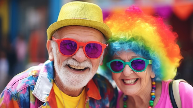 Happy Elderly Couple with Rainbow Background Generative AI