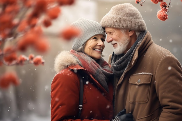 Happy elderly couple with in winter outdoors