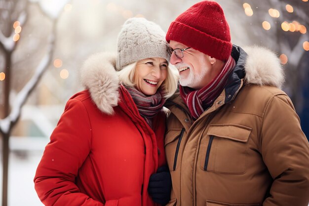 Happy elderly couple with in winter outdoors