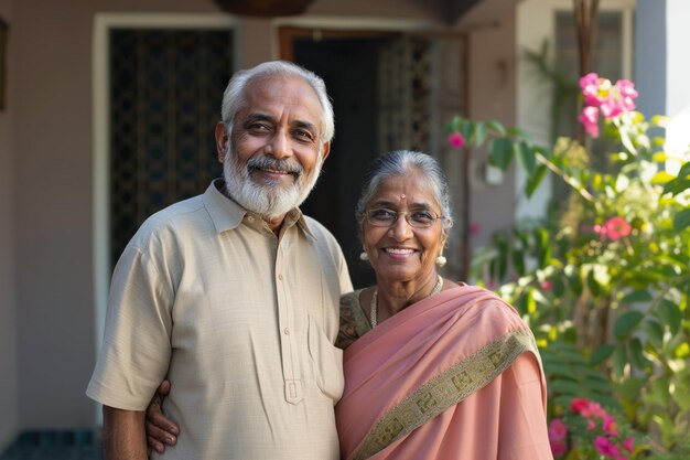 Photo happy elderly indian couple 70 in front of their new home concept of renting mortgage social housing