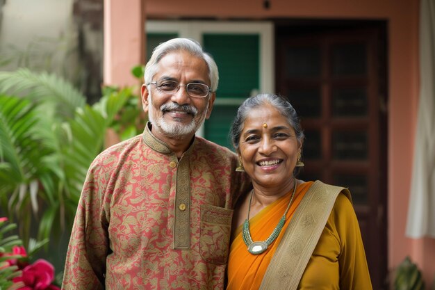 Photo happy elderly indian couple in front of their new home concept of renting mortgage social housing
