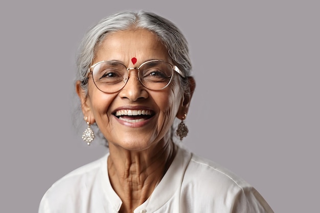 Happy elderly Indian woman in white outfit classic glasses laughing in photo studio closeup