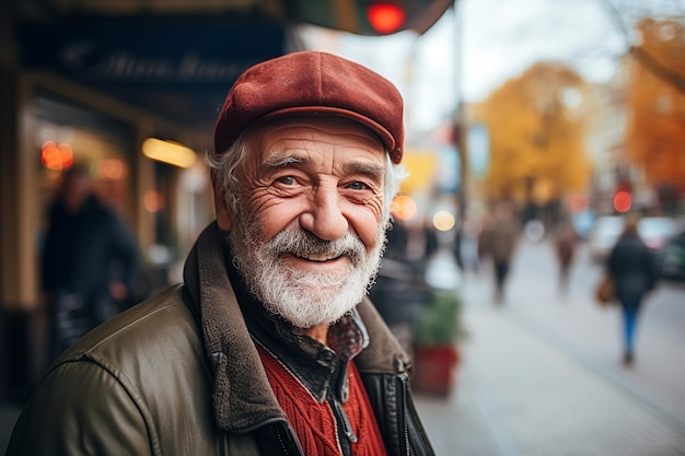 Happy elderly man on a bright daytime background in the city