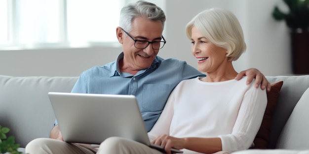 Happy elderly man husband in glasses reading a book while relaxing while sitting on sofa at home with mature wife using laptop