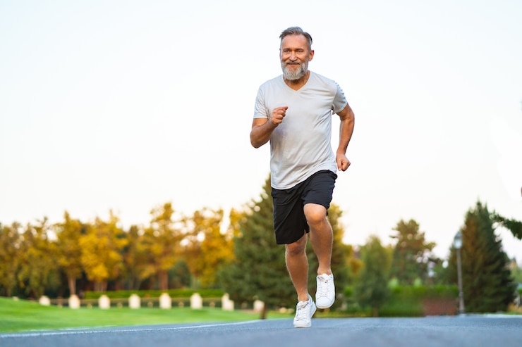 Photo the happy elderly man running on the road
