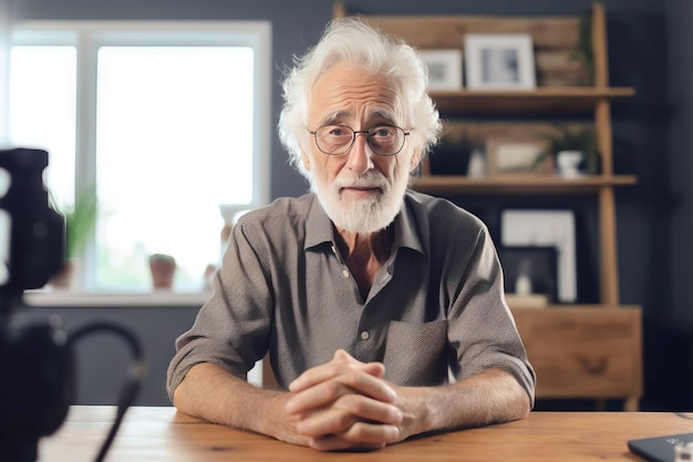 Happy elderly man sitting at the table during a video call via phone at home