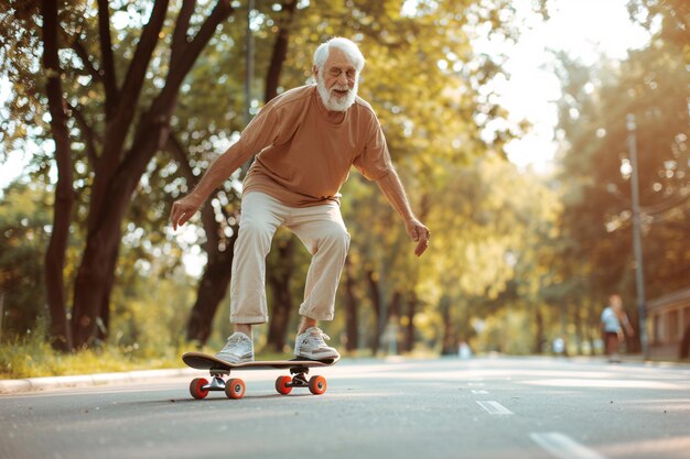 写真 公園でスケートボードをしている幸せな年配の男性