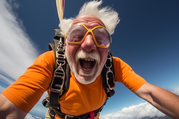 写真 幸せな年配の男性が空からパラシュートを跳ねた