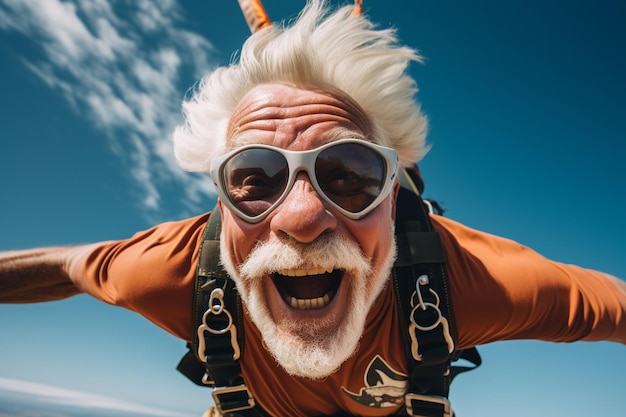 Фото Счастливый пожилой человек прыгает с парашютом в небе.