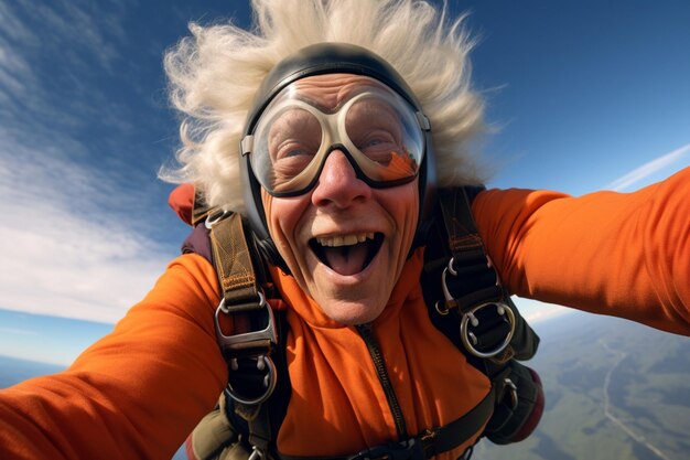 Photo happy elderly man skydiving in the sky