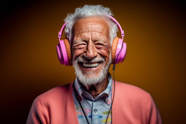 happy elderly man with wireless headphones