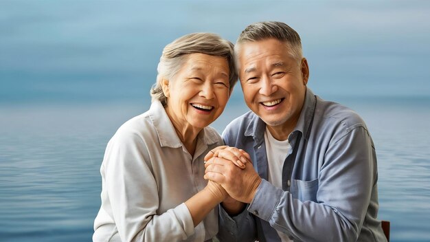 Happy elderly married couple on blue background