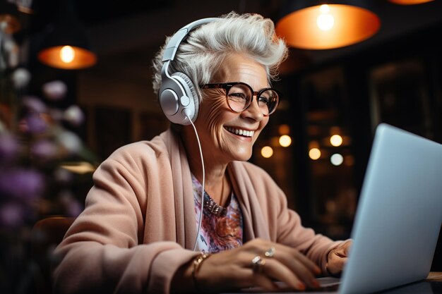 happy elderly old woman senior retirement works online and communicates on the Internet on a laptop while sitting in a cafe