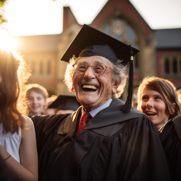 A happy elderly proud graduate donned a square academic cap