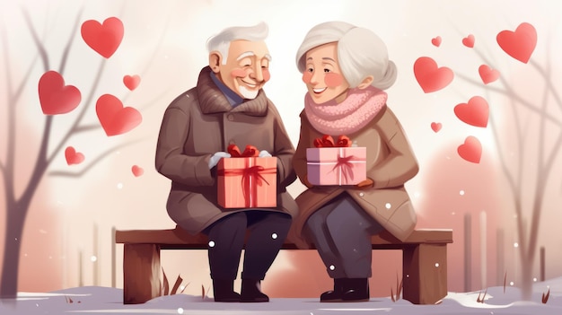 Photo happy elderly retired couple in love on valentines day sitting