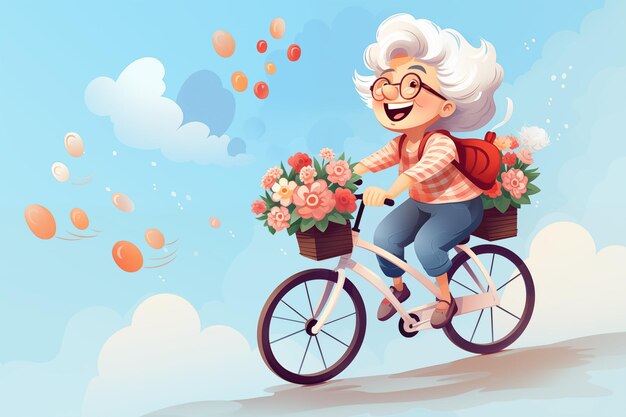 A happy elderly woman in a casual outfit rides a bicycle with flowers in a basket