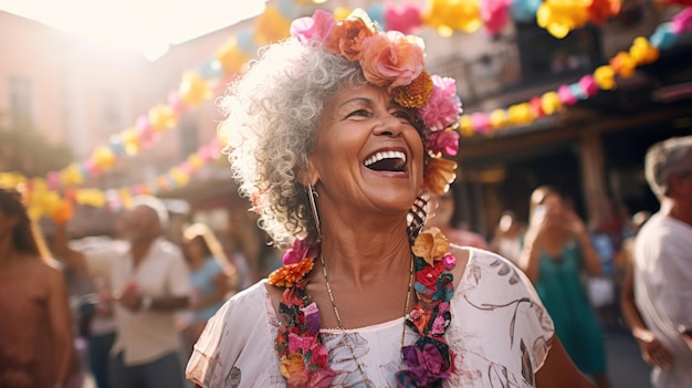 happy elderly woman at the festival carnival