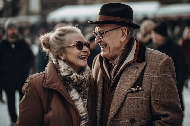 幸せ な 高齢 の 女性 と 男性 が 誠実 に 微笑み,互い に 話し合っ て いる