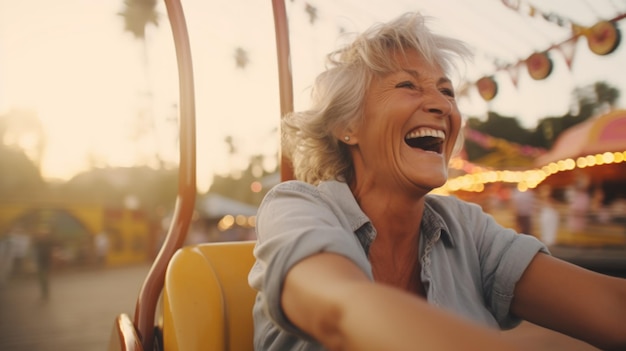 happy elderly woman riding on amusement rides in an amusement park