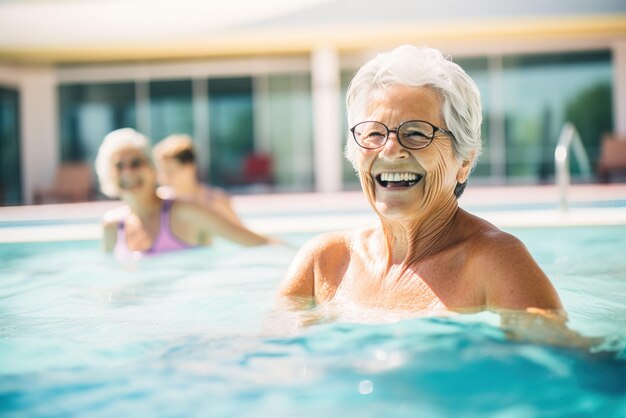 Happy elderly woman swimming in pool with friends