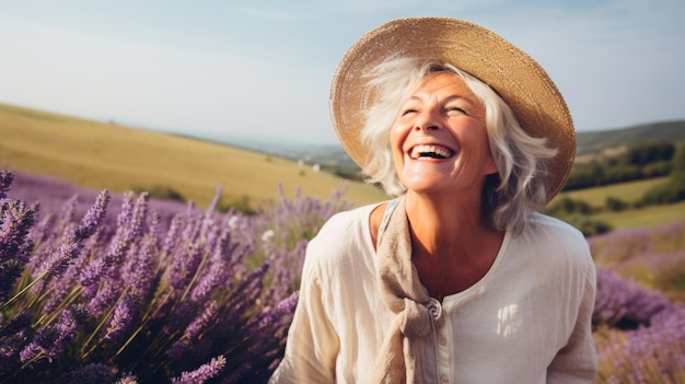 happy elderly woman walking in the lavander field