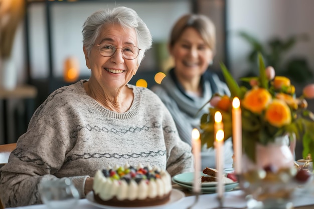 ケーキとろうそくで祝賀のテーブルで家族と一緒に幸せな年配の女性が誕生日を祝います