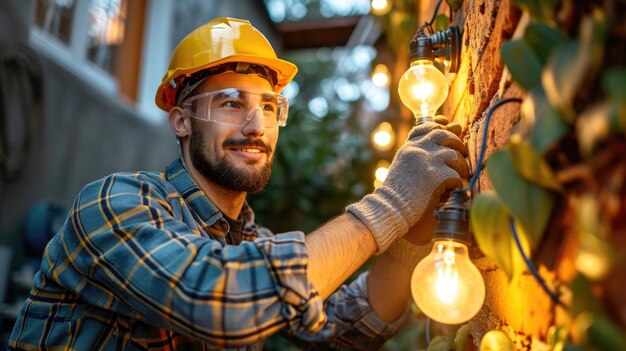 A happy electrician is carefully changing or fixing a lightbulb Generative Ai