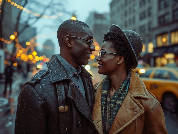 Photo happy elegant african couple on the street of new york in love valentines day