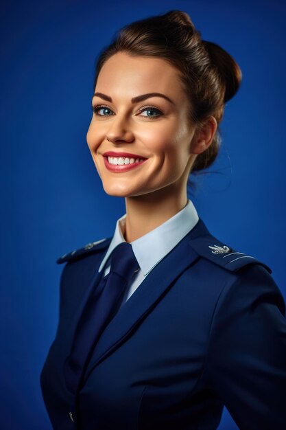 Photo happy elegant flight attendant woman in blue uniform looking aside