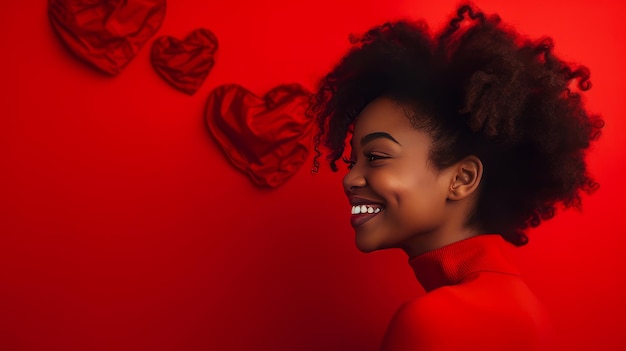 Happy elegant laughing carefree girl african american darkskinned woman with heart o red background