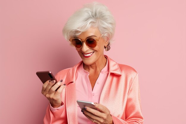 Счастливая элегантная современная старшая женщина со смартфоном на розовом фоне