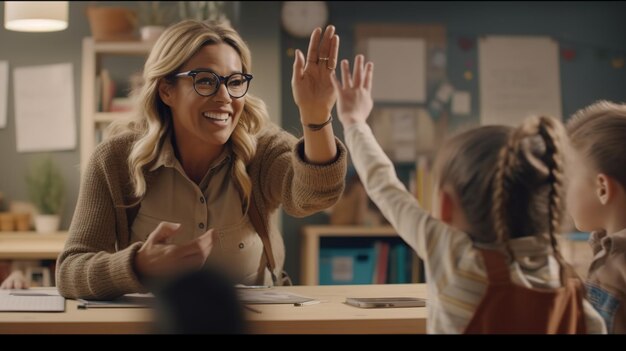 Photo happy elementary school teacher giving highfive to her student during class in the classroom