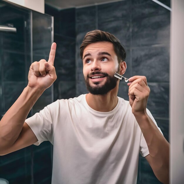 Photo happy emotioanl young man with beard posing wearing white t shirt holding raised finger as if havi