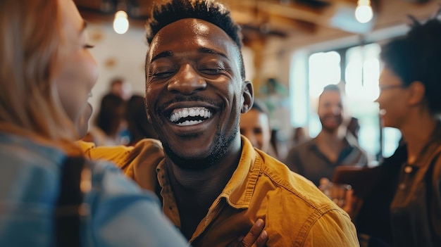 Happy employee being congratulated by colleagues after success at office