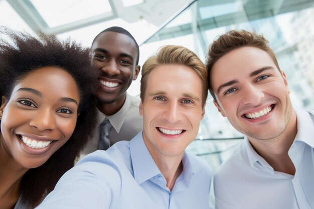 Фото Счастливые сотрудники разного происхождения и расы празднуют успех в бизнесе