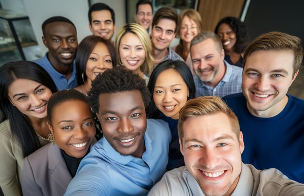 Photo happy employees from different backgrounds and cultures celebrating achievement together at work