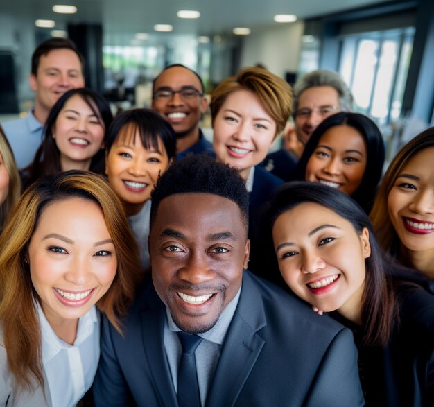 Photo happy employees from different backgrounds and cultures celebrating achievement together at work