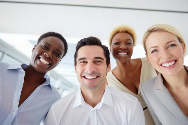 Photo happy employees from different backgrounds and races celebrating business success