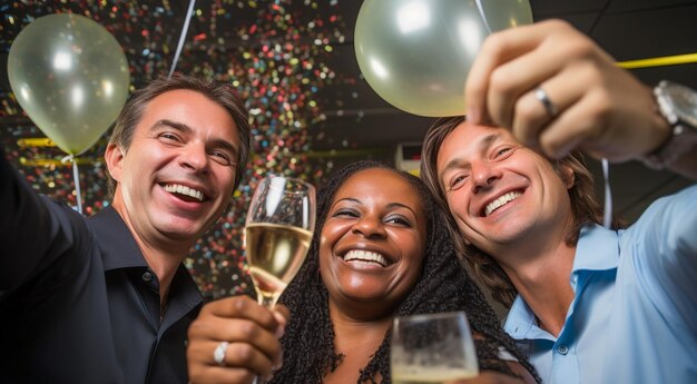 Foto i dipendenti felici si riuniscono per festeggiare le vacanze sul posto di lavoro