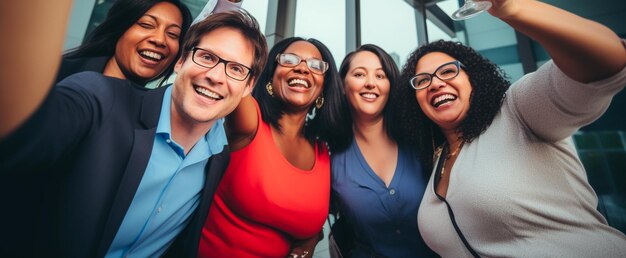 Photo happy employees gather to celebrate holidays in the workplace